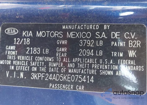 2019 Kia Forte Lxs from USA, damaged, VIN 3KPF24AD5KE075414